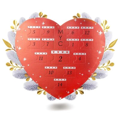 Calendario dell'Avvento Scatola cuore a sorpresa - 14 gioielli - Finitura rosa - Oro e cristallo o bianco