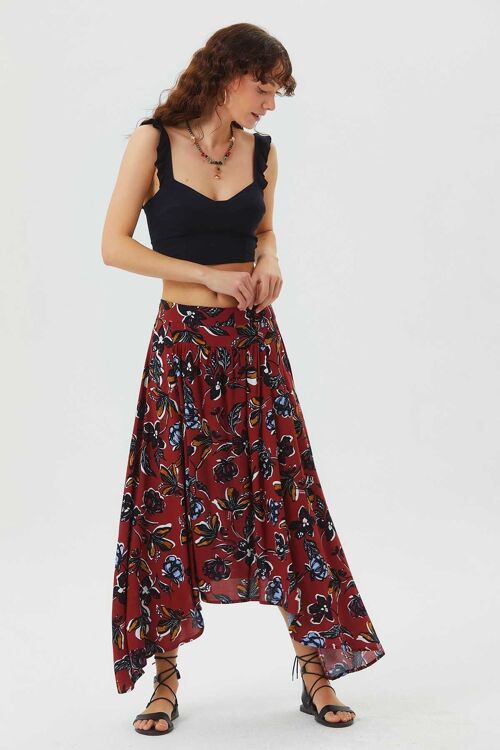 Asymmetric Front Shirring Bohemian Skirt Red