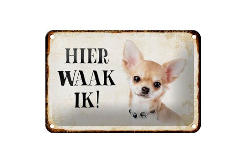 Blechschild Spruch 18x12cm holländisch Hier Waak ik Chihuahua mit Kette Schild