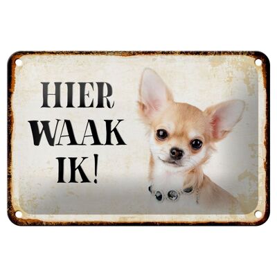 Blechschild Spruch 18x12cm holländisch Hier Waak ik Chihuahua mit Kette Schild