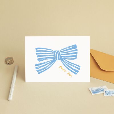 Card "For you" Blue Ribbon Bow Stripes - Birthday / Gift / Watercolor painting illustration - Greeting card