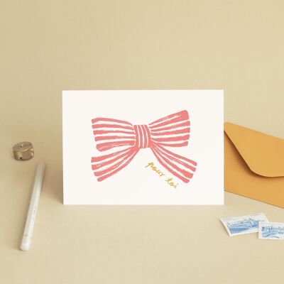 Card "For you" Pink Ribbon Bow Stripes - Birthday / Gift / Watercolor painting illustration - Greeting card
