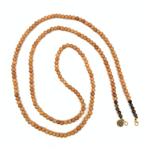 sustainable phone cord natural wood + tiger eye beads - L140cm - handmade in Nepal