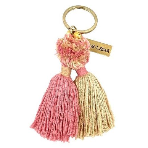 sustainable keychain twin tassels - old pink/sand - organic cotton - handmade in Nepal - bag hanger