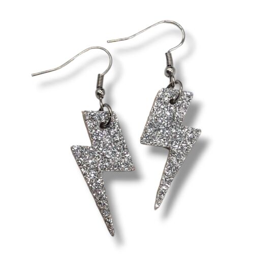 Mini silver glitter lightning bolt earrings