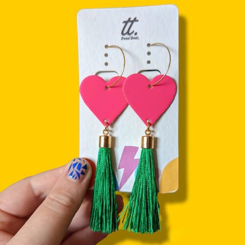 Neon pink and gold green tassel earrings