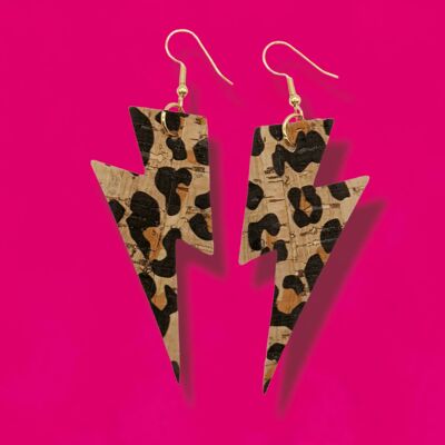 Big Leopard Print Cork Lightning Bolt Earrings