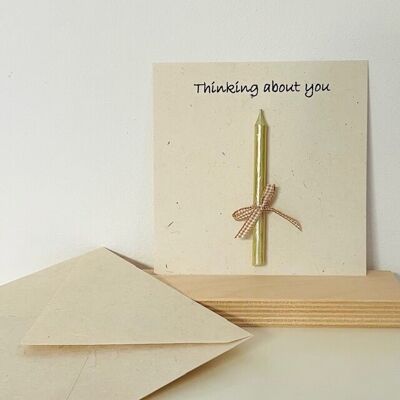 tarjeta de felicitación sostenible + vela dorada - "Pensando en ti" - papel ecológico - hecho a mano en Nepal