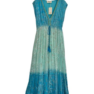 Vestido largo bicolor con perlas y lúrex