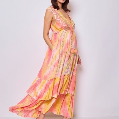 Long two-tone tie&dye dress with pearls