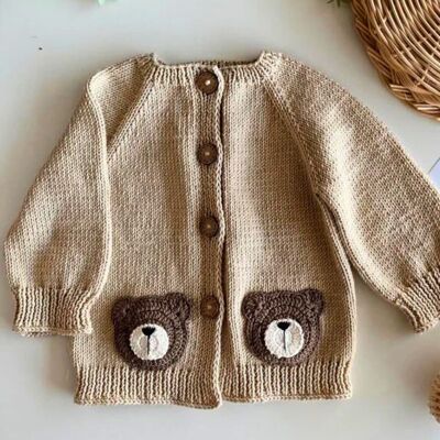 Organic Cotton Handmade Natural Bear Cardigan Set