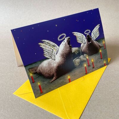 Stille Nacht (singende See-Elefanten) - Weihnachtskarte mit gelbem Umschlag