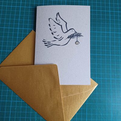 6 recycled Christmas cards with golden envelopes: Dove of Peace