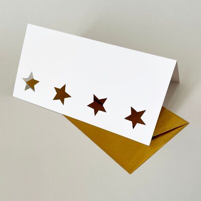 10 white Christmas cards with golden envelopes: punched stars