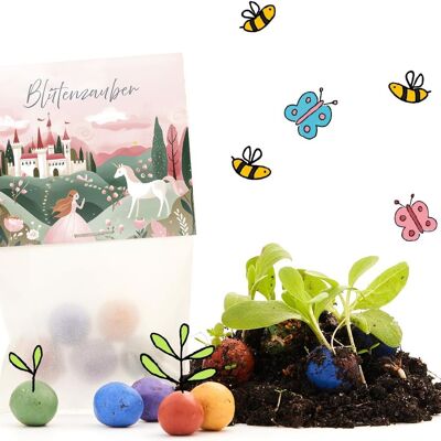 5er Blumenmurmeln im Pergaminbeutel - "Blütenzauber"