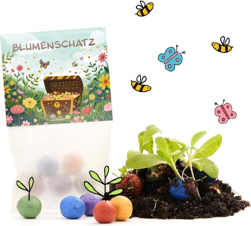 5er Blumenmurmeln im Pergaminbeutel - "Blumenschatz"