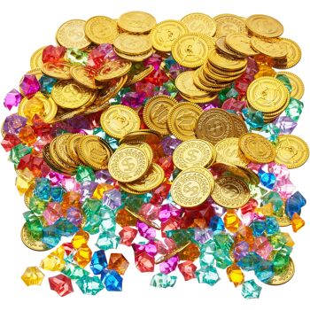 Bac de trésor de pirate, 150 pièces d'or et 150 pierres précieuses, cadeau de fête 5