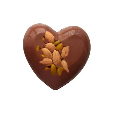 Festa della mamma, grande modellatura a cuore di cioccolato fondente che chiede l'elemosina