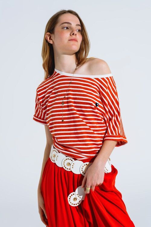 red striped boat neck t-shirt with embroidered heart