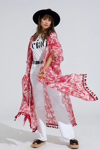 Kimono long rouge avec fermeture à cordon à imprimé tribal 1