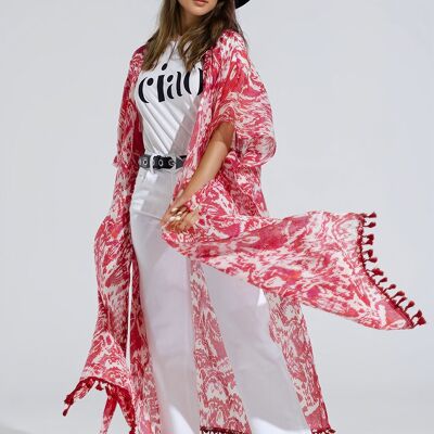 Red Long Kimono With Drawstring Closing in Tribal Print