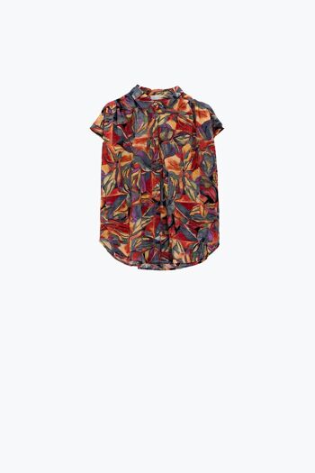 Blouse décontractée boutonnée à manches courtes à imprimé floral rouge multicolore 6