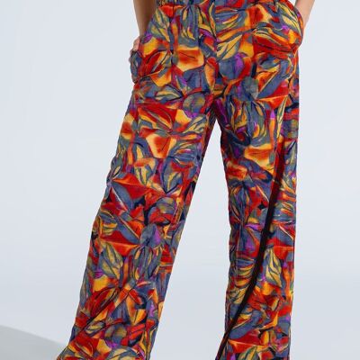 Pantalon droit à imprimé floral multicolore dans des tons de rouge