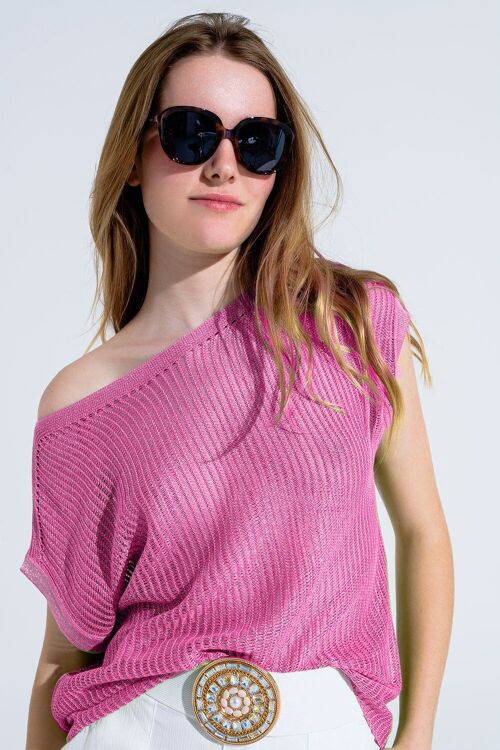 Boat Neck Ribbed Sweater With Cap Sleeves in pink