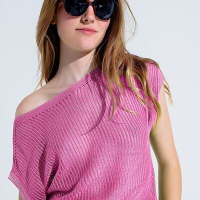 Boat Neck Ribbed Sweater With Cap Sleeves in pink