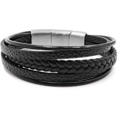 Steel bracelet for men - black imitation leather