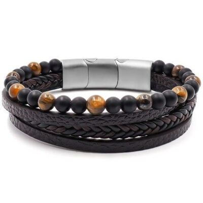 Steel bracelet for men, imitation leather - Tiger's eye, Onyx