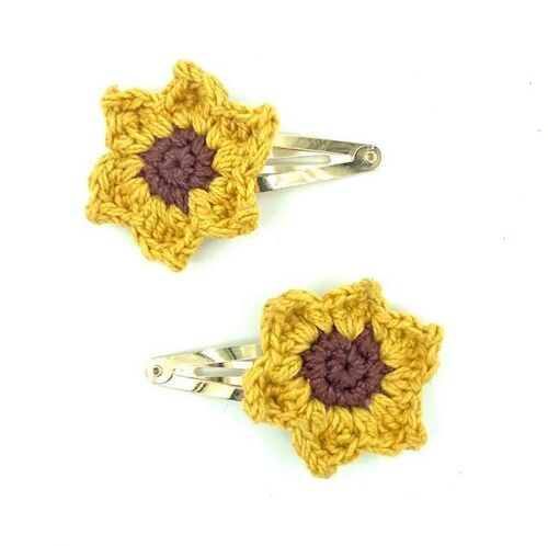 sustaiable hair clips sunflower 2x - yellow - organic cotton - hand crochet in Nepal