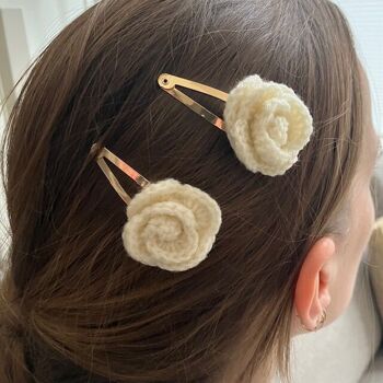 pinces à cheveux durables rose 2x - blanc cassé - laine douce - crochet à la main au Népal 2