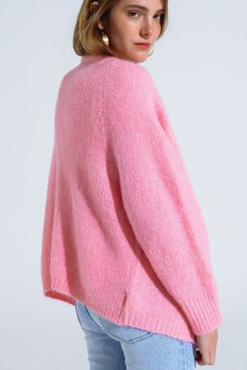 Cardigan ouvert surdimensionné en tricot duveteux rose avec côtes au niveau des poignets et du dessus 3