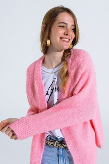 Cardigan ouvert surdimensionné en tricot duveteux rose avec côtes au niveau des poignets et du dessus 5