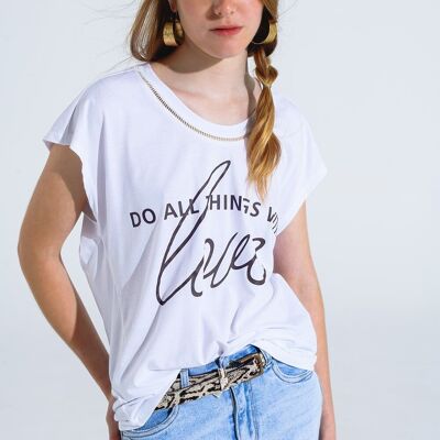 White T-Shirt With Black Text At The Front and Trim at The Neck