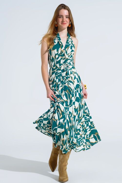 Halter Midi Dress with Cinched Waist In Abstract Green and White Print