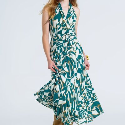 Robe mi-longue dos nu avec taille cintrée à imprimé abstrait vert et blanc