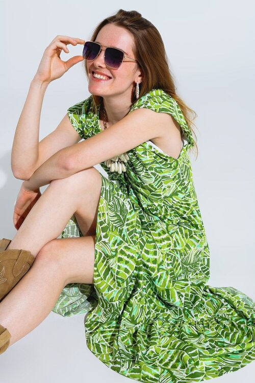 Midi Romantic Dress With Ruffled Short Sleeves in Green Leaf Print