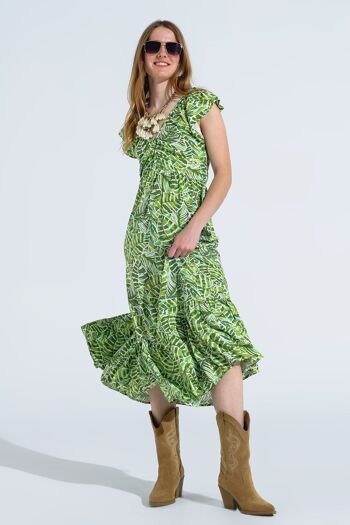 Robe romantique mi-longue à manches courtes à volants à imprimé feuilles vertes 2