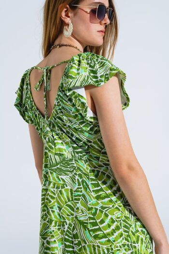 Robe romantique mi-longue à manches courtes à volants à imprimé feuilles vertes 6