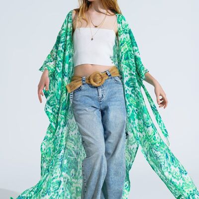 Kimono long vert avec fermeture à cordon à imprimé tribal