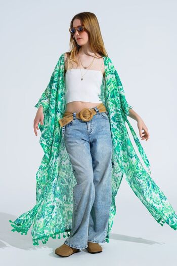 Kimono long vert avec fermeture à cordon à imprimé tribal 1