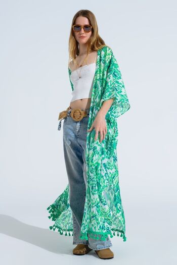 Kimono long vert avec fermeture à cordon à imprimé tribal 2