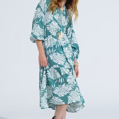 Boho Maxi Dress With Balloon Sleeves And Leaf Print In Green