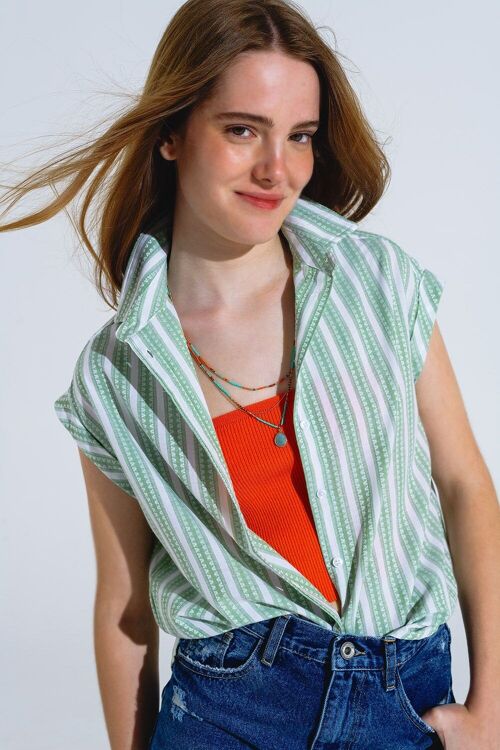 Green Blouse With Vertical Stripes And Short Sleeves