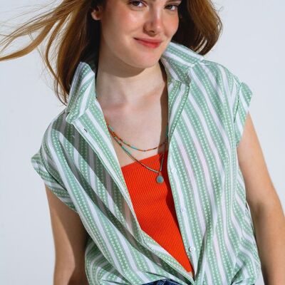 Green Blouse With Vertical Stripes And Short Sleeves