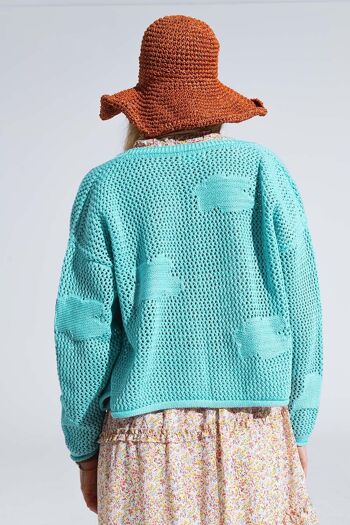 Cardigan tricoté au crochet avec nuages ​​tricotés en turquoise clair 2