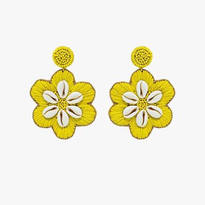 Maxi Embroidered Flower Rafia Earrings With Sea Shell Details in Lime