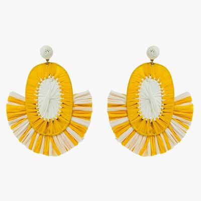 Maxi Dropped Raffia Earrings with Yellow and White Tassels